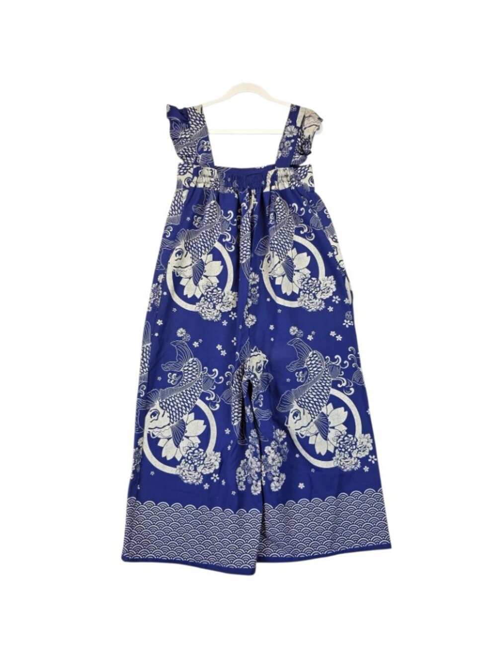 Blue Koi Fish Jumpsuit Womens M Square Neck Ruffle Straps Wide Leg Crop Casual - Picture 2 of 9